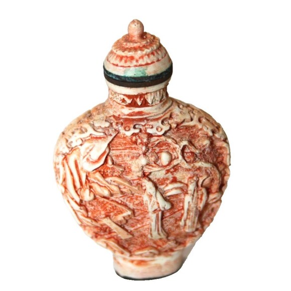 Other - Vintage Chinese Orange Beige Carved Cinnabar Perfume Snuff Bottle Signed Marked